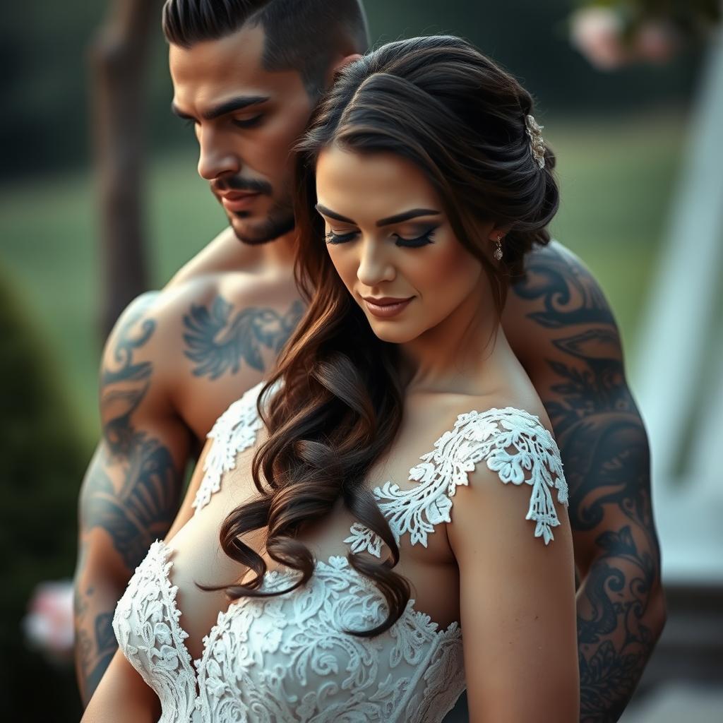 A brooding tattooed alpha male stands protectively behind a beautiful brunette bride, whose eyes are gracefully closed, embodying a serene moment of peace