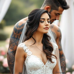 A brooding tattooed alpha male stands protectively behind a beautiful brunette bride, whose eyes are gracefully closed, embodying a serene moment of peace
