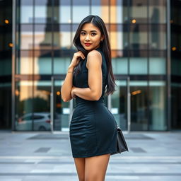 A stylish Japanese female executive assistant, 25 years old, with a curvy yet petite body, featuring small breasts and a small butt, complemented by a firm, skinny belly