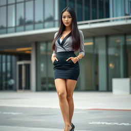 A stylish Japanese female executive assistant, 25 years old, with a curvy yet petite body characterized by an alluring figure and a firm, skinny belly