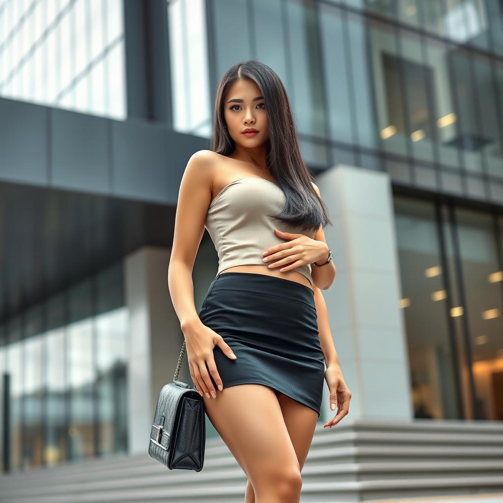 A stylish Japanese female executive assistant, 25 years old, with a curvy yet petite body characterized by an alluring figure and a firm, skinny belly