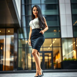 A stylish Japanese female executive assistant, 25 years old, with a curvy yet petite body characterized by an alluring figure and a firm, skinny belly