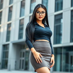 A stylish Japanese female executive assistant, 25 years old, with a curvy and petite body featuring incredibly large breasts and a small ass, alongside a firm, skinny belly