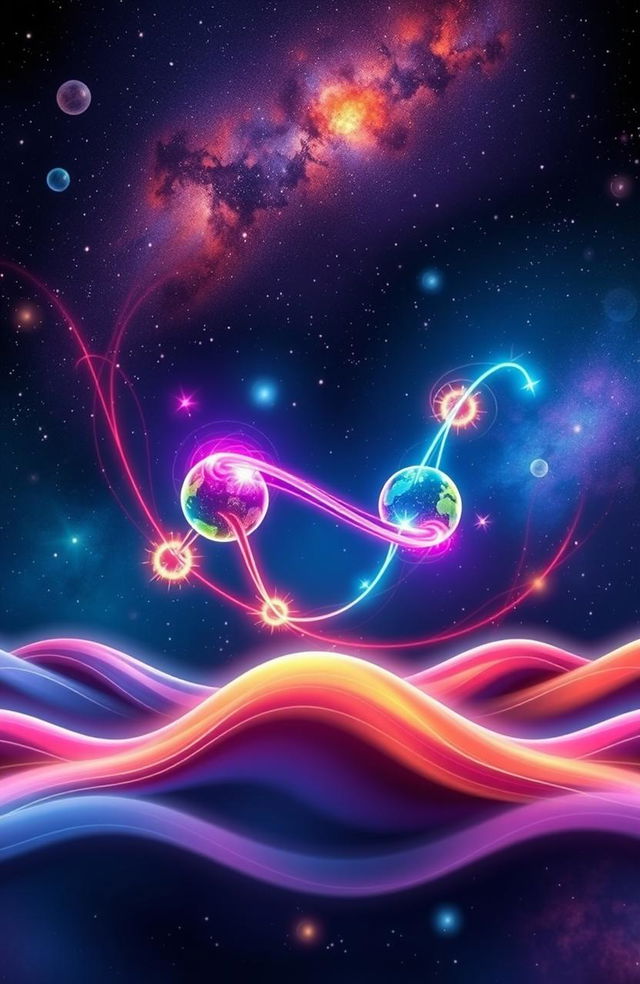 An artistic representation of the concept of quantum entanglement, featuring two intertwined particles illustrated in vibrant colors