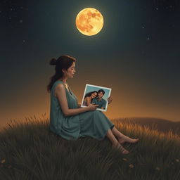A poignant scene depicting a lonely woman sitting on a gentle hill under an amber-colored moon illuminating the night sky