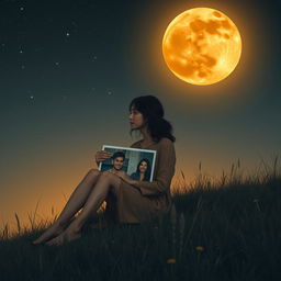 A poignant scene depicting a lonely woman sitting on a gentle hill under an amber-colored moon illuminating the night sky