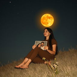 A poignant scene depicting a lonely woman sitting on a gentle hill under an amber-colored moon illuminating the night sky