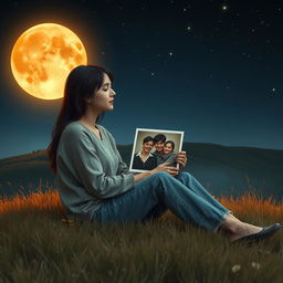 A poignant scene depicting a lonely woman sitting on a gentle hill under an amber-colored moon illuminating the night sky