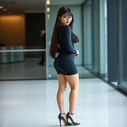 A 25-year-old female executive assistant of Japanese ethnicity, featuring a curvy and petite figure with XXL breasts pressing against her clothing
