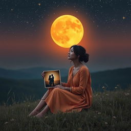 A captivating scene featuring a charming, lonely woman sitting on a hill under a mesmerizing amber-colored moon that bathes the landscape in a warm glow