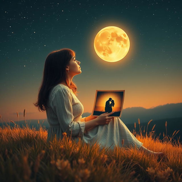 A captivating scene featuring a charming, lonely woman sitting on a hill under a mesmerizing amber-colored moon that bathes the landscape in a warm glow