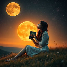 A captivating scene featuring a charming, lonely woman sitting on a hill under a mesmerizing amber-colored moon that bathes the landscape in a warm glow