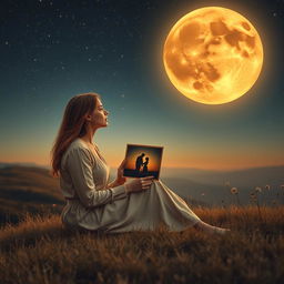 A captivating scene featuring a charming, lonely woman sitting on a hill under a mesmerizing amber-colored moon that bathes the landscape in a warm glow