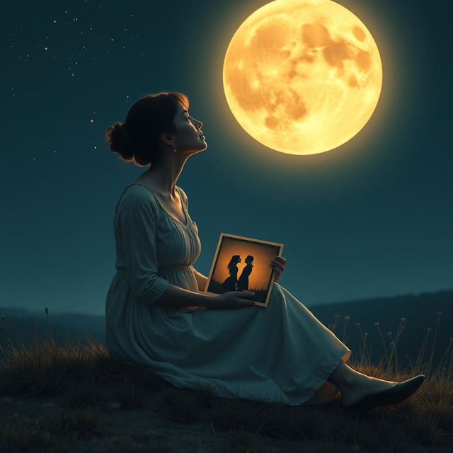 A beautifully melancholic scene featuring a charming, lonely lady sitting gracefully on a hill under an amber-colored moon casting its glow over the landscape