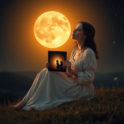 A beautifully melancholic scene featuring a charming, lonely lady sitting gracefully on a hill under an amber-colored moon casting its glow over the landscape