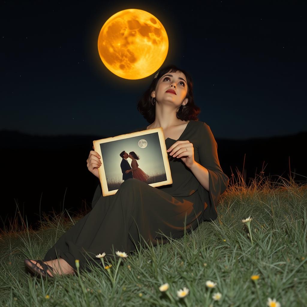 A beautifully melancholic scene featuring a charming, lonely lady sitting gracefully on a hill under an amber-colored moon casting its glow over the landscape