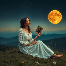 A beautifully melancholic scene featuring a charming, lonely lady sitting gracefully on a hill under an amber-colored moon casting its glow over the landscape
