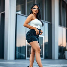 A captivating 25-year-old Brazilian female executive assistant with a curvy and petite body type, featuring XXL breasts accentuating her shape, a firm skinny belly, and a small but curvy backside