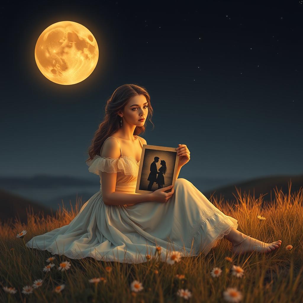 A mesmerizing scene featuring a lonely and charming lady of enchanting beauty sitting gracefully on a hill beneath an amber-colored moon, which casts a warm and ethereal glow over her surroundings