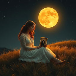 A mesmerizing scene featuring a lonely and charming lady of enchanting beauty sitting gracefully on a hill beneath an amber-colored moon, which casts a warm and ethereal glow over her surroundings