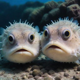 Two pufferfish with humorous expressions are close, as if one is whispering a secret to the other under the fascinating, colorful underwater scenery