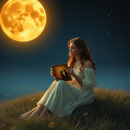 A mesmerizing scene featuring a lonely and charming lady of enchanting beauty sitting gracefully on a hill beneath an amber-colored moon, which casts a warm and ethereal glow over her surroundings