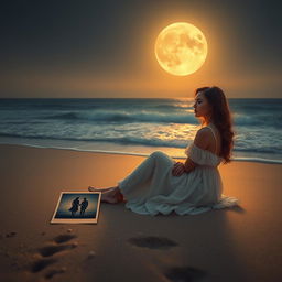 A breathtaking scene depicting a lonely and charming lady of enchanting beauty sitting gracefully on a serene beach under an amber-colored moon that illuminates the night sky