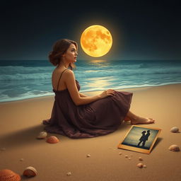 A breathtaking scene depicting a lonely and charming lady of enchanting beauty sitting gracefully on a serene beach under an amber-colored moon that illuminates the night sky