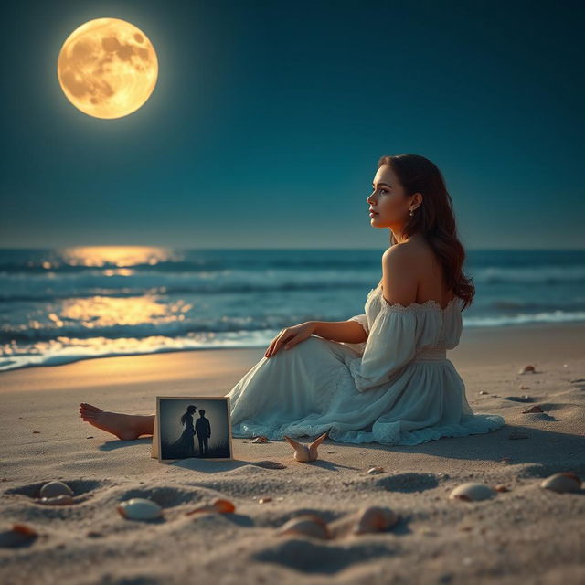 A breathtaking scene depicting a lonely and charming lady of enchanting beauty sitting gracefully on a serene beach under an amber-colored moon that illuminates the night sky