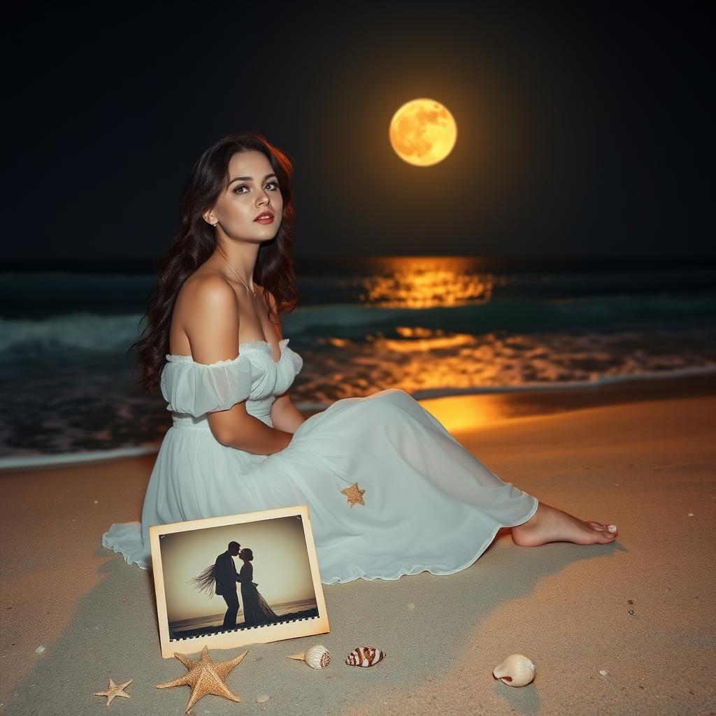 A breathtaking scene depicting a lonely and charming lady of enchanting beauty sitting gracefully on a serene beach under an amber-colored moon that illuminates the night sky