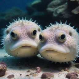 Two pufferfish with humorous expressions are close, as if one is whispering a secret to the other under the fascinating, colorful underwater scenery