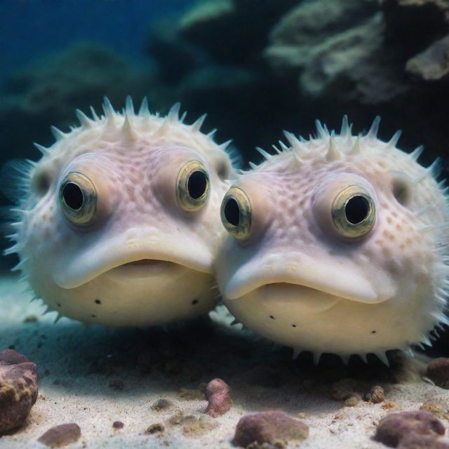 Two pufferfish with humorous expressions are close, as if one is whispering a secret to the other under the fascinating, colorful underwater scenery