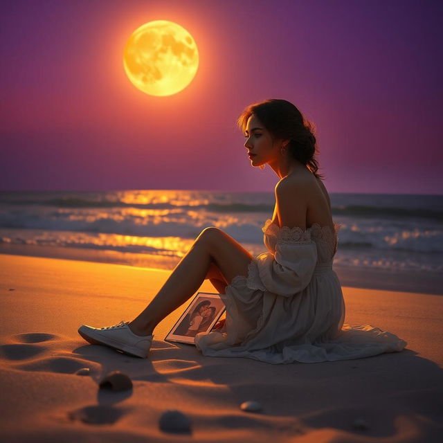 A stunning scene depicting a lonely and charming lady of enchanting beauty sitting gracefully on a beach beneath an amber-colored moon that bathes the night in warm light