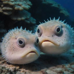 Two pufferfish with humorous expressions are close, as if one is whispering a secret to the other under the fascinating, colorful underwater scenery