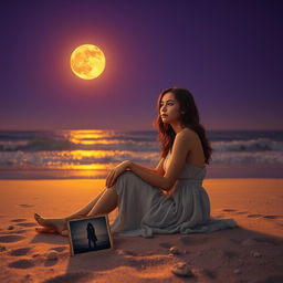 A stunning scene depicting a lonely and charming lady of enchanting beauty sitting gracefully on a beach beneath an amber-colored moon that bathes the night in warm light