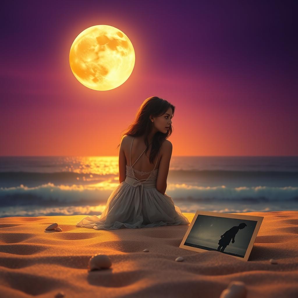 A stunning scene depicting a lonely and charming lady of enchanting beauty sitting gracefully on a beach beneath an amber-colored moon that bathes the night in warm light