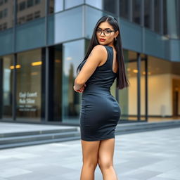A glamorous 25-year-old Brazilian female executive assistant with a curvy and petite body type, featuring PP breasts that enhance her silhouette, a GG-shaped backside, and a firm, thin belly