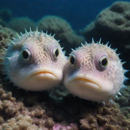 Two pufferfish with humorous expressions are close, as if one is whispering a secret to the other under the fascinating, colorful underwater scenery