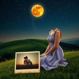 A captivating scene depicting a charming lady of enchanting beauty wearing a short lilac dress, sitting alone on a verdant hill under an amber-colored moon that illuminates the night