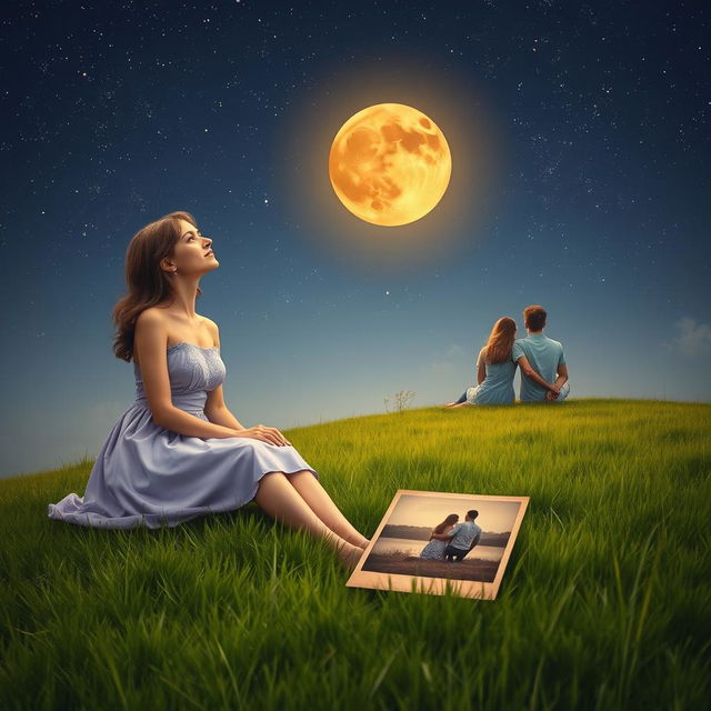 A captivating scene depicting a charming lady of enchanting beauty wearing a short lilac dress, sitting alone on a verdant hill under an amber-colored moon that illuminates the night