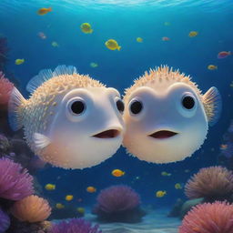 Two pufferfish designed in Pixar's distinct animation style, one subtly whispering into the other's ear, surrounded by a colourful and enchanting underwater background