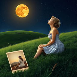 A captivating scene depicting a charming lady of enchanting beauty wearing a short lilac dress, sitting alone on a verdant hill under an amber-colored moon that illuminates the night