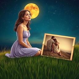 A captivating scene depicting a charming lady of enchanting beauty wearing a short lilac dress, sitting alone on a verdant hill under an amber-colored moon that illuminates the night
