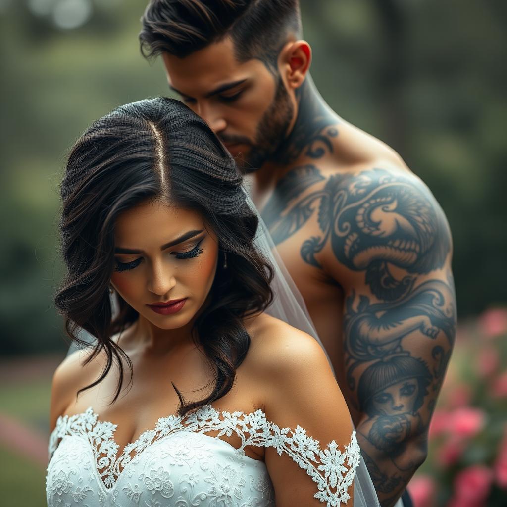 A brooding tattooed alpha male stands behind a sad brunette bride, whose eyes are closed in a moment of sorrow