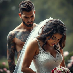 A brooding tattooed alpha male stands behind a sad brunette bride, whose eyes are closed in a moment of sorrow