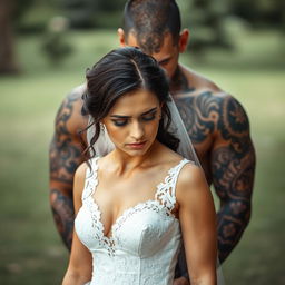 A brooding tattooed alpha male stands behind a sad brunette bride, whose eyes are closed in a moment of sorrow