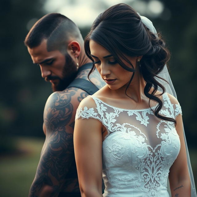 A brooding tattooed alpha male stands behind a sad brunette bride, whose eyes are closed in a moment of sorrow