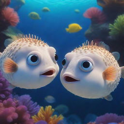 Two pufferfish designed in Pixar's distinct animation style, one subtly whispering into the other's ear, surrounded by a colourful and enchanting underwater background