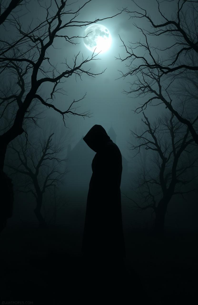 An atmospheric scene depicting a shadowy figure standing at the edge of a foggy forest, illuminated by a sliver of moonlight breaking through the clouds