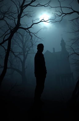 An atmospheric scene depicting a shadowy figure standing at the edge of a foggy forest, illuminated by a sliver of moonlight breaking through the clouds